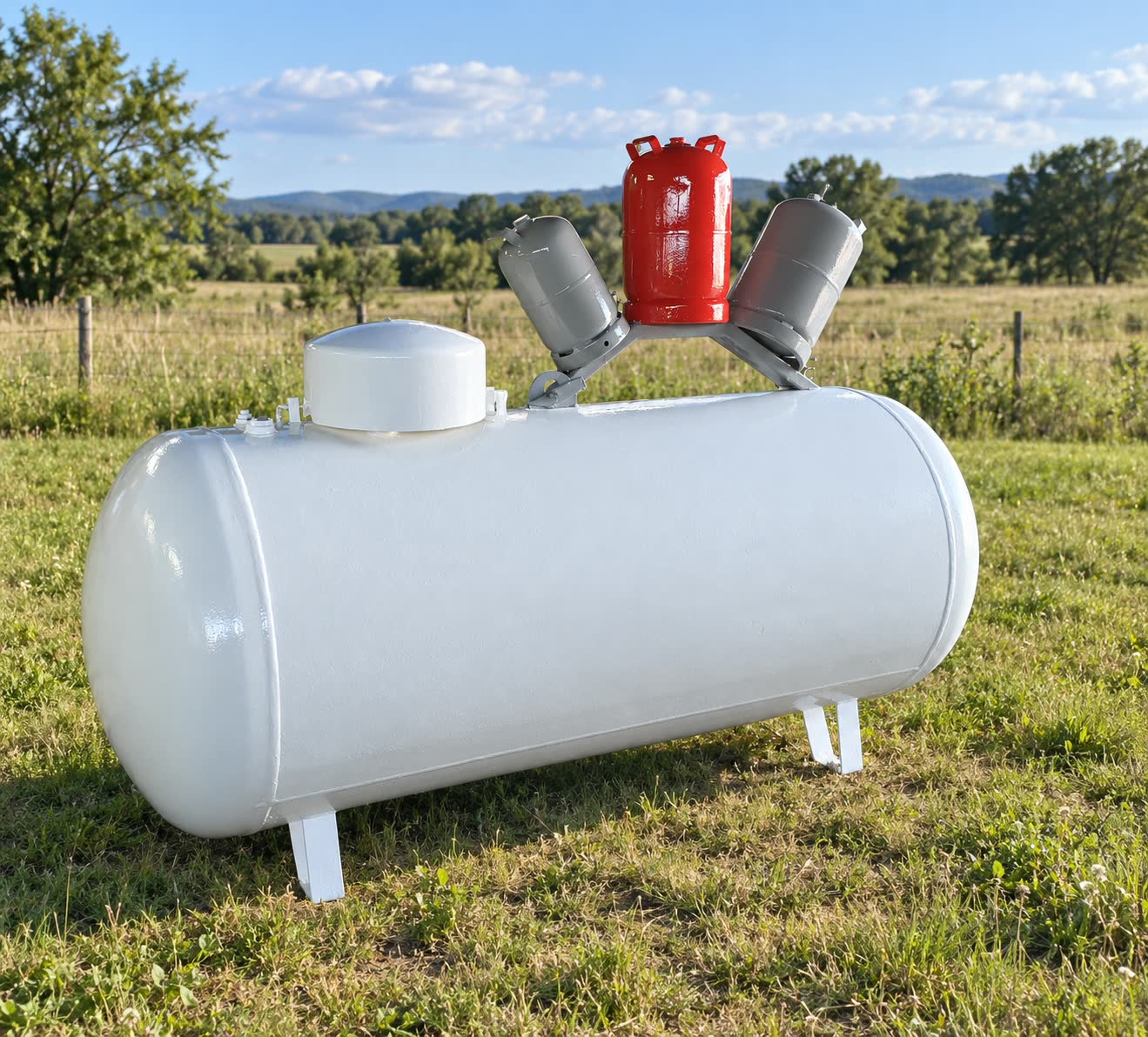 Weiß beschichteter Flüssiggasbehälter mit Aufbau für drei Gasflaschen